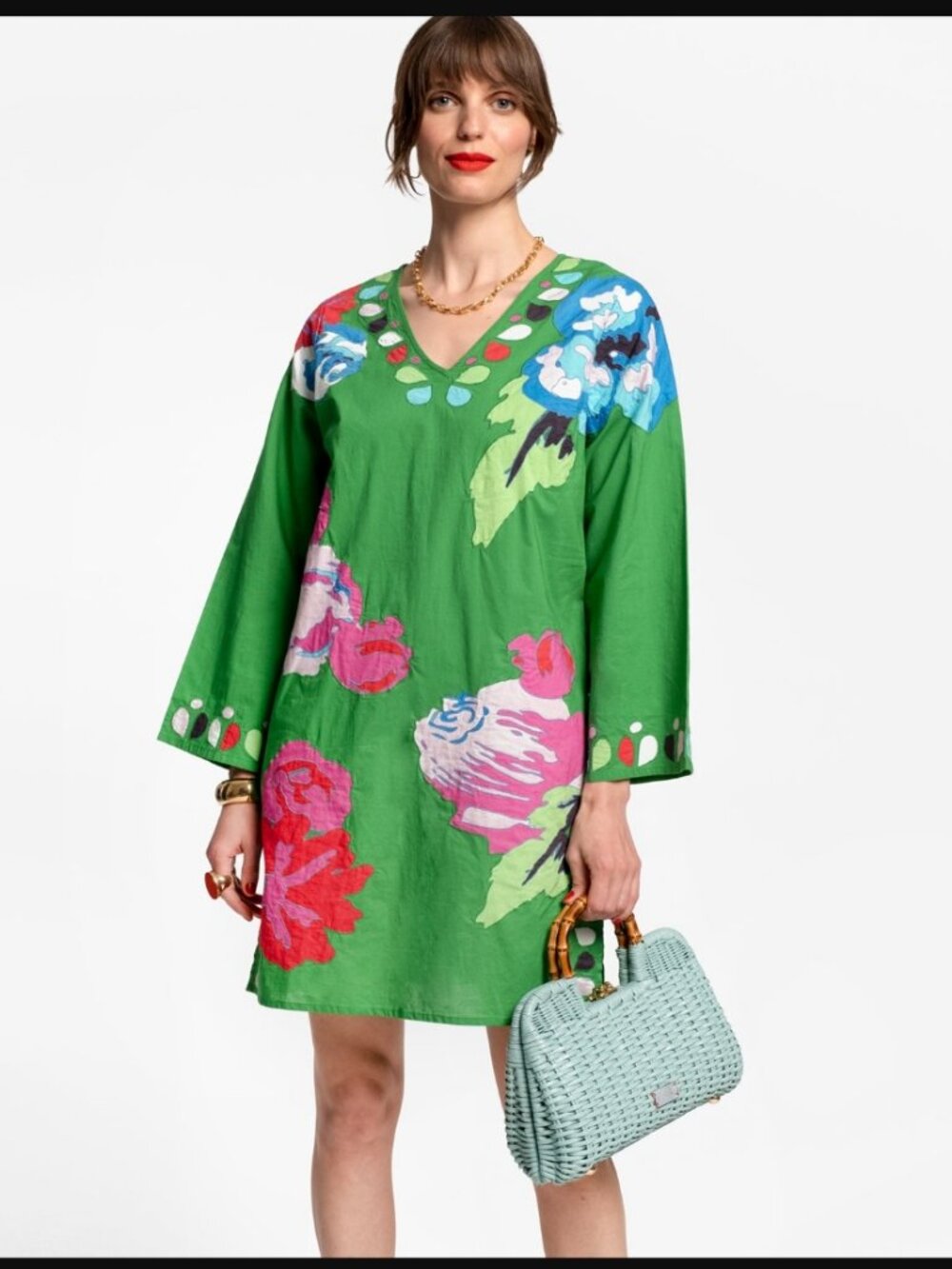Frances Valentine Green Floral V-Neck Long Sleeve Dress